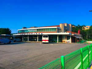 동해시외버스터미널에 주차하고 있는 시외버스와 터미널 건물의 모습.