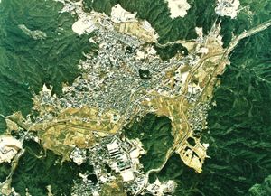 구 시가라키정 중심부 주변 항공사진(1974년 촬영).