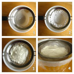 가정용 냉장고에서 요구르트를 걸러내는 데 사용되는 커피 필터