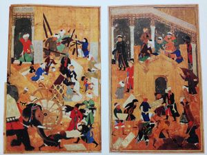 사마르칸트 대모스크 건설. 비흐자드가 자파르나메를 위해 그린 삽화.