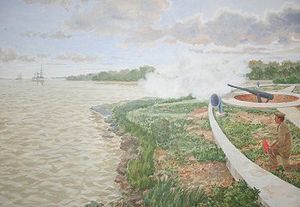 프랑스 함선을 향해 포격하는 춘라촘클라오 요새