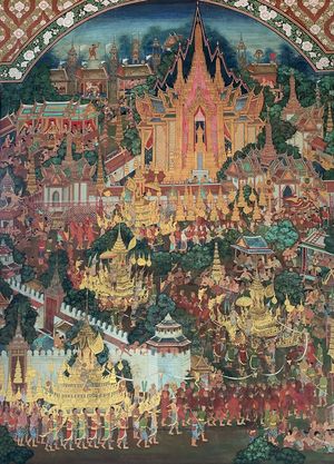 왓 암파완 체티야람에 있는 라마 1세의 장례식을 묘사한 벽화