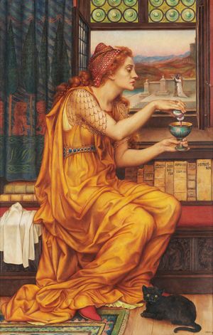 1903년 에블린 드 모건(Evelyn De Morgan)이 그린 그림 사랑의 묘약(The Love Potion), 마녀와 검은 고양이를 묘사하고 있음
