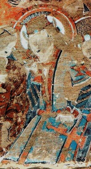 쿠차의 수바르나푸슈파 왕. 키질 석굴 69호. 서기 600-625년경 통치.