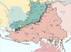 2022년 11월 11일 기준 헤르손주의 점령 지역: 점령되지 않은 우크라이나 영토, 점령에서 해방된 우크라이나 영토, 러시아 지배 지역