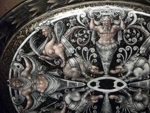 16세기 중반, 장 드 쿠르(Jean de Court)의 작품으로 추정되는 회화 리모주 에나멜 접시 세부 묘사