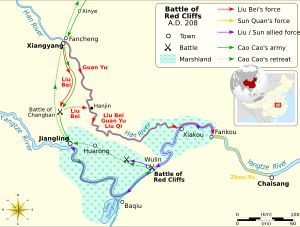 적벽 전투와 조조의 퇴각. 표시된 전장은 적벽시(Chibi City) 인근 후보지와 일치한다.