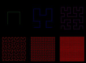 힐베르트 곡선의 구성의 6번 반복. 그 극한의 공간 채움 곡선은 수학자 다비트 힐베르트가 고안했다.