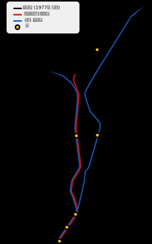 검은색: 현재의 경전선, 빨간색: 마산항 제1부두선, 파란색: 1977년 이전의 경전선