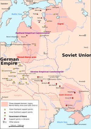 독일 정착 식민지 계획(점과 다이아몬드로 표시). 1942년 프리드리히 빌헬름 대학교 농업 연구소에서 작성되었으며, 발트해 연안 국가, 폴란드, 벨라루스, 우크라이나 및 크림반도를 포함한다.