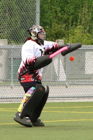 골키퍼가 글러브로 공을 막는 모습. 사진 속 장비는 필드하키 골키퍼의 일반적인 장비입니다.