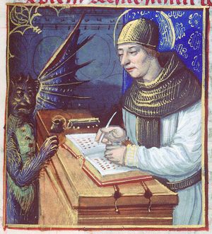 서기의 작업에 오류를 삽입한다고 알려진 악마인 티티빌루스가 책상에 앉아 있는 서기를 괴롭히는 모습(14세기 삽화)