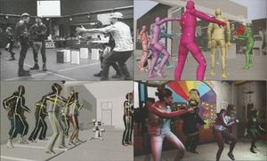 그랜드 테프트 오토 IV의 애니메이션 제작 과정: (위) 배우들의 연기 장면, 원시 모션 캡처 데이터, (아래) 게임 내 캐릭터, 그리고 게임 내 최종 장면