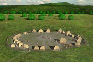 데이턴(Dayton)에 있는 포트 에인션트(Fort Ancient) 선와치 인디언 마을(SunWatch Indian Village)의 상상도