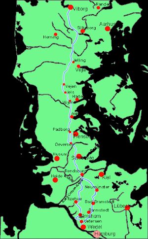 북쪽 종착역인 비보르에서 남쪽 종착역인 함부르크까지 이어지는 헤르베이엔(Hærvejen)