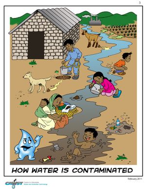 남아시아 사람들에게 수자원 오염으로 이어지는 인간 활동에 대해 가르치는 포스터