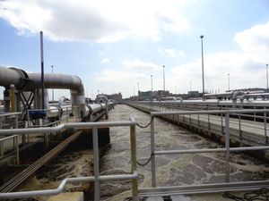 미국 워싱턴 D.C.에 있는 블루 플레인스 고도 하수 처리장의 2차 처리 반응조(활성 슬러지 공정) 전경. 멀리 슬러지 소화조 건물과 열가수분해 반응조가 보인다.