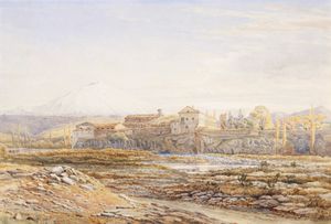 브론테 공국(Dukedom of Bronte) 중심지인 마니아체 성(Castello di Maniace). 브론테 마을에서 북쪽으로 8km 떨어진 곳에 위치하며, 사라체노 강(River Saraceno) 말라붙은 강바닥 너머, 배경에는 에트나 산(Mount Etna)(주 분화구는 남동쪽으로 15km 떨어져 있음)이 보인다. 1876년 브론테 공작 부인(Duchess of Bronte) 사위인 존 월런드 경(Sir John Walrond, 1st Baronet)(1818~1889)이 그린 그림. 영국 왕실 소장