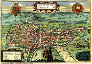 1581년 Civitates Orbis Terrarum에 나온 노리치 지도; 현재 매들린 거리(Magdalen Street)인 파이브리게이트(Fyebriggate)는 대성당에서 도시 성벽의 매들린 게이트(Magdalen Gate)까지 이어진다.