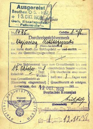 1938년 게슈타포 독일 출국 심사 도장