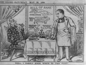 삼촌 샘이 식당에서 "쿠바 스테이크", "푸에르토리코 돼지", "필리핀 제도", "샌드위치 제도"(하와이)가 적힌 메뉴를 보며 앉아 있는 만화