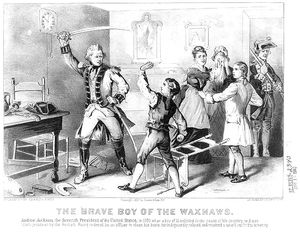 코핀 소령의 군화 닦기를 거절하는 어린 앤드루 잭슨, 1876년작(석판화)