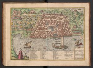 16세기 알제의 조감도로, 댐으로 도시에 연결된 페논이 보인다.