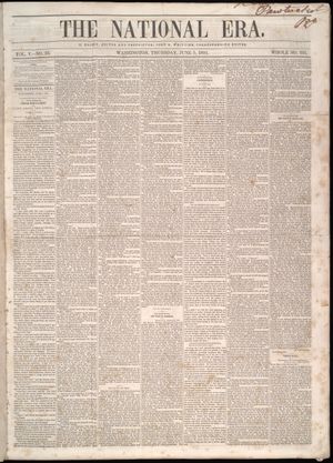 1851년 6월 5일자 국립 시대(The National Era)에 연재된 톰 아저씨의 오두막 최초 연재