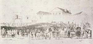 1844년 시드니에서 살인죄로 유죄 판결을 받은 존 낫치불(영국 왕립 해군 함장)의 공개 처형 그림