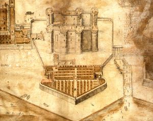1647년 바스티유 감옥. 1550년대 건설된 성채, 요새로 연결되는 돌 교대석(abutment), 새로운 남쪽 입구