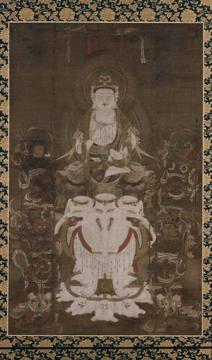 문수보살(文殊菩薩)(Samantabhadra)인 부겐 엔메이(普賢延命)의 그림. 먹으로 그린 비단 그림, 12세기