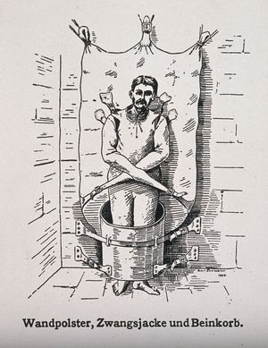 속박대와 통 모양의 장치에 묶인 환자, 1908년