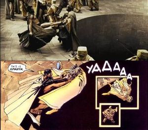 그래픽 노블(아래)의 한 장면을 영화로 각색한 모습