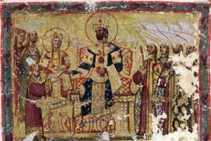 마누엘 1세 콤네누스가 아들 알렉시오스 2세의 아내인 프랑스의 아녜스를 맞이하는 모습.