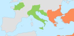 476년 동부(주황색)와 서부(녹색) 로마 제국