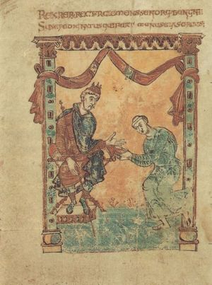 9세기 삽화에서 웬델베르트(Wandelbert)가 아마도 동프랑크 왕국 루트비히 2세에게 그의 순교자 목록을 바치는 모습