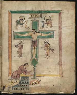 루트비히 독일인의 시편집(Louis the German Psalter)에 있는 당시 그림으로, 루트비히(아래)가 십자가에 달린 그리스도 앞에서 무릎을 꿇고 있는 모습을 묘사하고 있다.