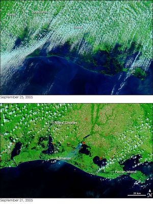 루이지애나주와 텍사스주에서 리타 허리케인으로 인한 홍수 범위를 보여주는 두 개의 위성 이미지