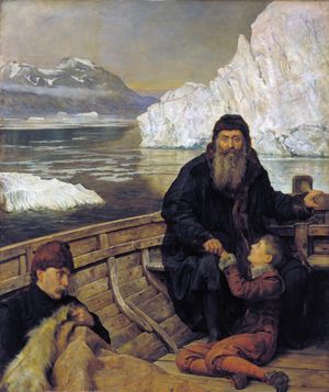 존 콜리어(John Collier)의 1881년 작품, 헨리 허드슨의 마지막 항해(The Last Voyage of Henry Hudson). 허드슨, 그의 아들, 그리고 충성스러운 선원들이 표류하는 모습을 묘사하고 있다.