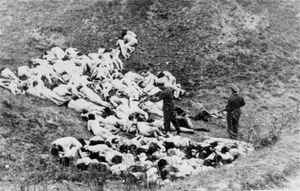 1942년 10월, 미조치 게토(Mizoch Ghetto)에서 독일 질서경찰(Ordnungspolizei) 대원들이 알몸의 여성들과 아이들을 총살하는 모습