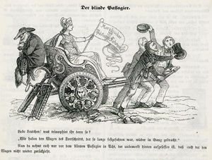 1848년 뮌헨(Munich)의 르히트쿠겔른(Leuchtkugeln)에 실린 반(反)가톨릭 풍자화. 가톨릭 성직자는 여우이자 진보의 수레에 눈먼 승객으로 묘사되어 역사의 흐름을 뒤집으려 한다.