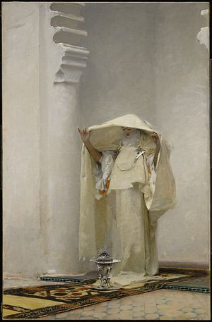 존 싱어 사전트(John Singer Sargent), Fumée d'ambre gris (Smoke of Ambergris), 1880. 클라크 미술관(Clark Art Institute). 이 그림은 북아프리카 전역의 여러 지역에서 채택한 의상과 배경의 세부 사항을 결합하고 있다.