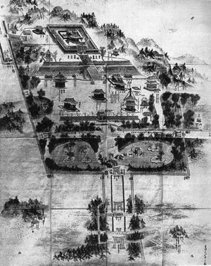 에도 시대의 쓰루가오카하치만궁과 단카즈라. 파괴된 많은 불교 사찰들이 분명하게 보인다.