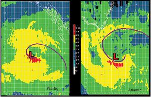 QuikSCAT 위성이 촬영한, 바다 위에 있는 온대 저기압. 풍속이 최대가 되는 지점은 폐색전선 바깥에 위치한다.