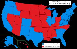 2022년 졸업반 학생 중 SAT를 ACT보다 더 많이 치른 주(파란색)와 ACT를 SAT보다 더 많이 치른 주(빨간색)를 나타낸 지도