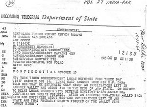 분류 해제된 미국 국무부 서한으로, 분쟁 중인 카슈미르 지역의 인도 관리 지역에 수백 명의 "침입자"가 존재한다는 사실을 확인하는 문서이다. 1965년 전쟁 직전 상황을 보여주는 문서이다.