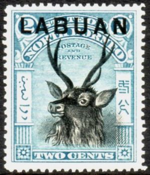 북보르네오 우표에 "Labuan"이 덧찍힌 모습, 1897년