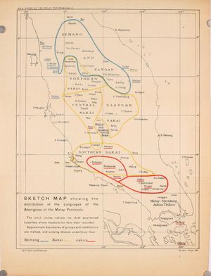 말레이 반도의 원주민인 오랑아슬리의 언어 분파별 분포도