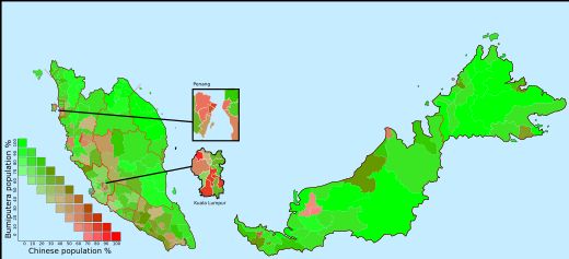 말레이시아의 부미푸트라 및 중국계 인구 분포