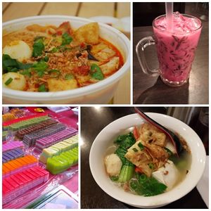 오른쪽 상단부터 시계 방향으로 말레이시아 화교 요리의 몇 가지 예시: 구아바젤리(凉粉)와 반둥, 용타우푸, 뇨냐 찐 층 케이크(娘惹千层糕)와 락사 국수.